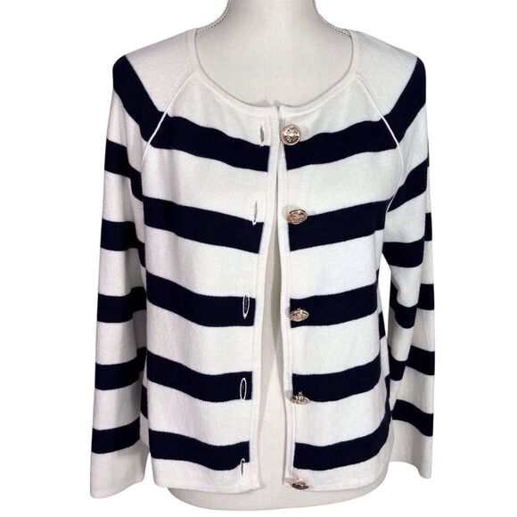 Talbots Striped Sweater Cardigan Jacket Medium Petite MP Dark Navy Blue & White - Picture 3 of 8
